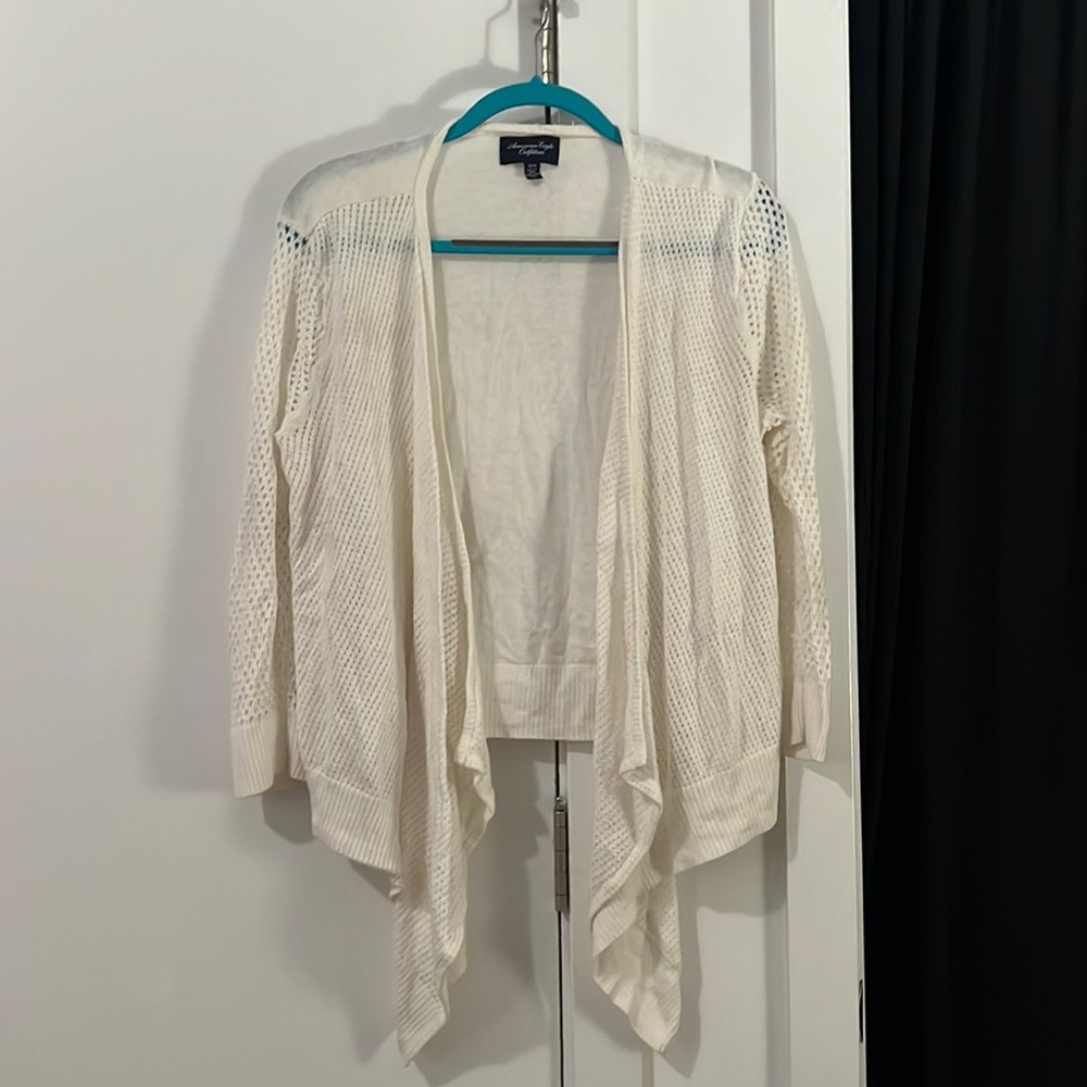 American Eagle White Knit Cardigan with Netting Raglan Sleeves — Size: XL